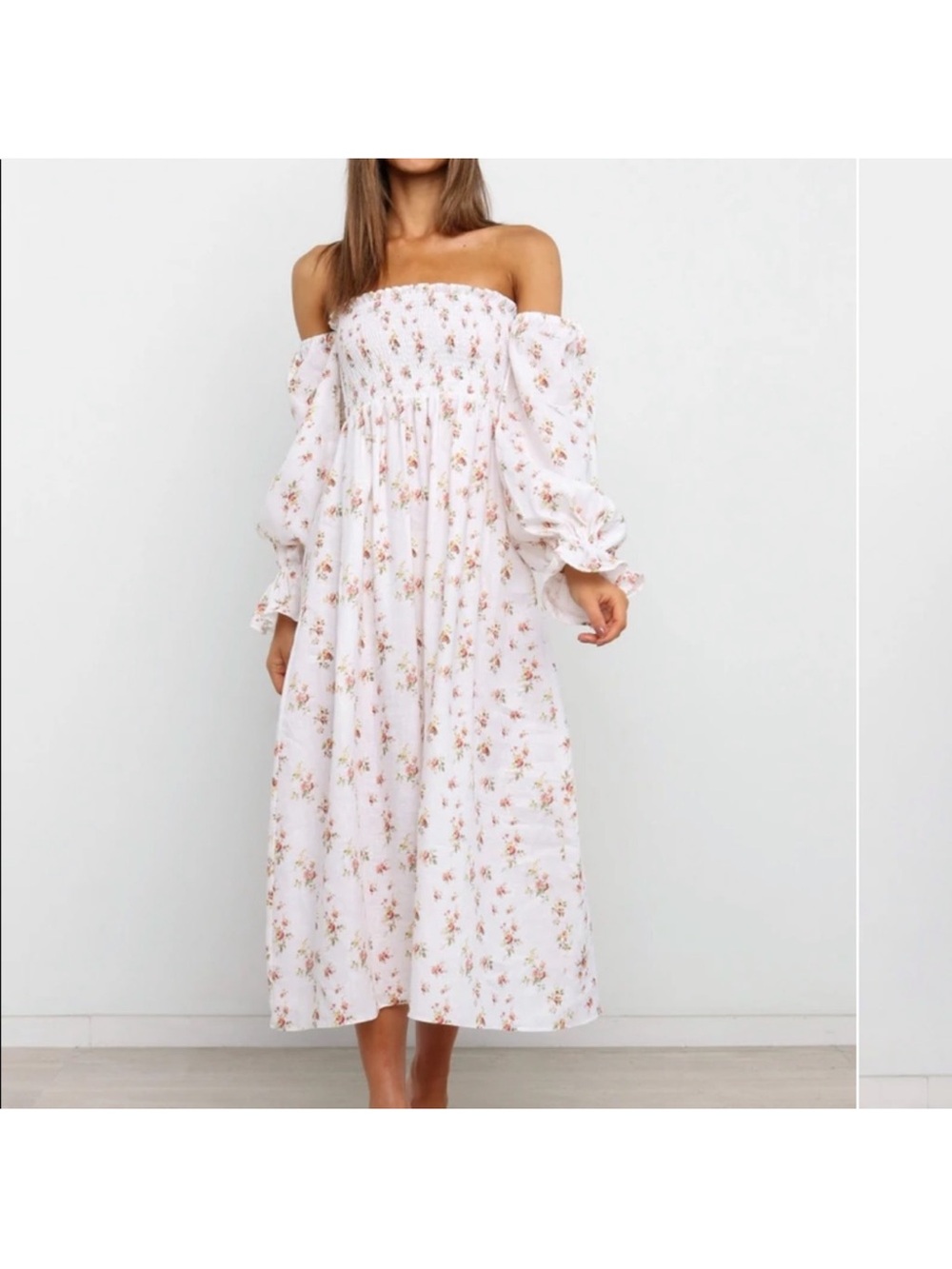Petal & Pup White Off-Shoulder Floral Midi Dress